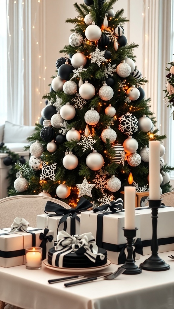 A stylish black and white Christmas decor scene with a decorated tree, elegant table setting, and wrapped gifts.